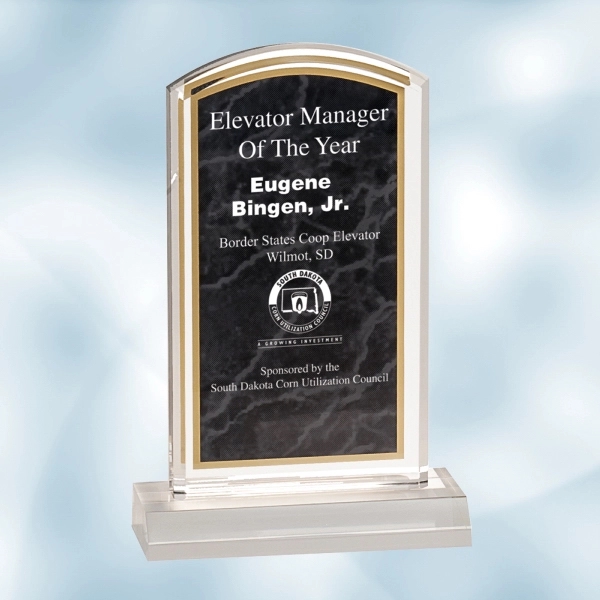 Black acrylic award plaque with high-quality marble backing, gold border and... from ASI 47791 Best Deal Awards / Best Deal Awards