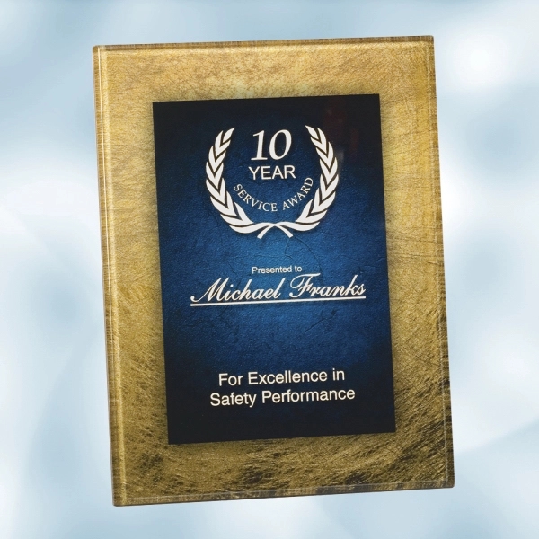 Acrylic Gold/Blue Art Plaque with easel features a unique art border... from ASI 47791 Best Deal Awards / Best Deal Awards