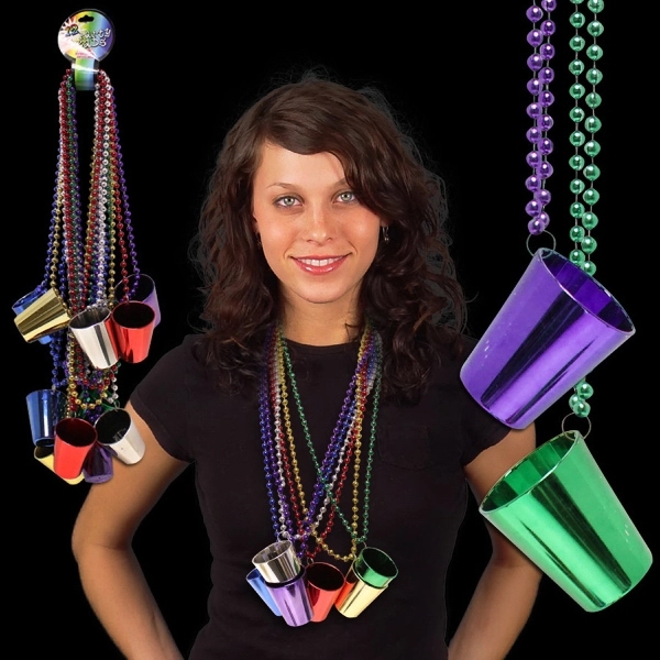 33" Mardi Gras beaded necklace with 2 oz. shot glass attached.... from ASI 42016 Brighter Promotions Inc / Chemical Light™ Liquid Light