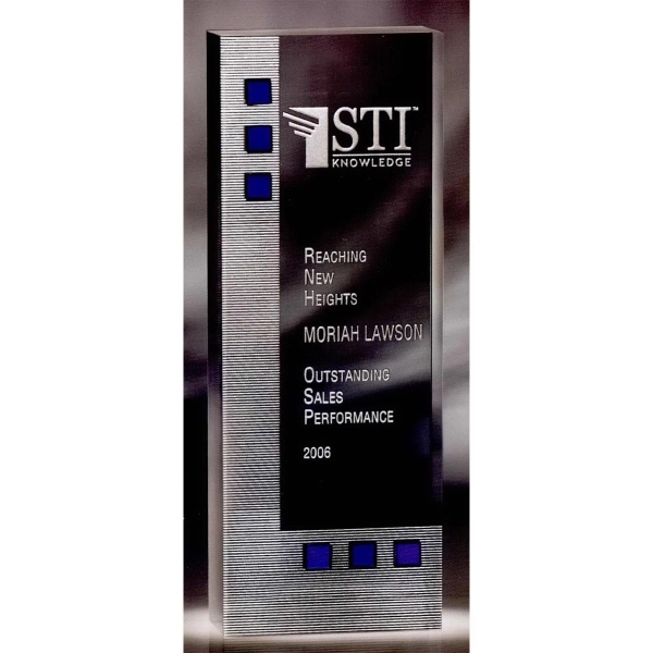 10" x 3.75" x 1.5" Dimensions in Blue optic crystal tower... from ASI 62985 J. Charles / J. Charles