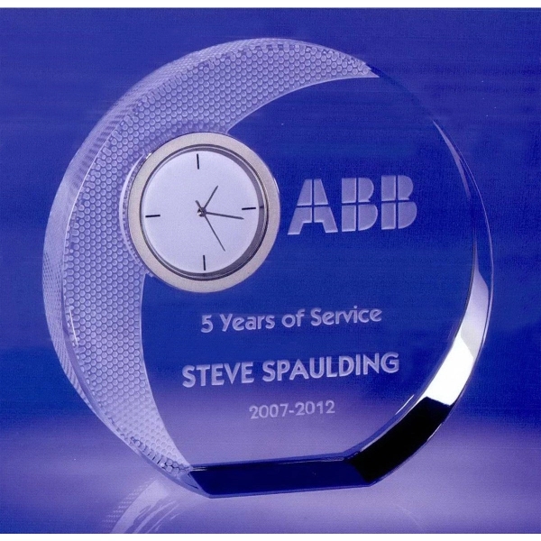 Circular shaped optic crystal award with clock and textured pattern on... from ASI 62985 J. Charles
