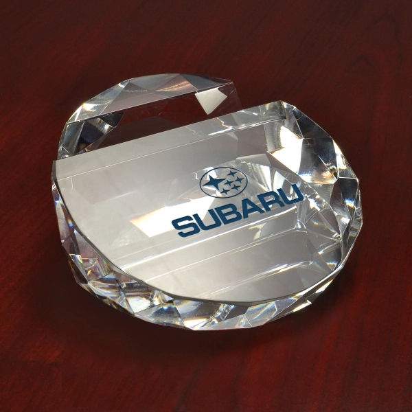 Round glass crystal business card holder paperweight.... from ASI 40544 Binaco / Binaline