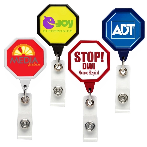 JUMBO octagon retractable badge reel in solid colors, alligator clip back,... from ASI 49470 DEVARA