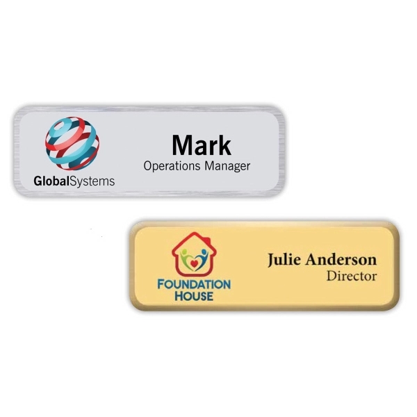 1" x 3" brass framed name badge with frosted center, full-color... from ASI 61966 HPG / Beacon Promotions HPG Gold