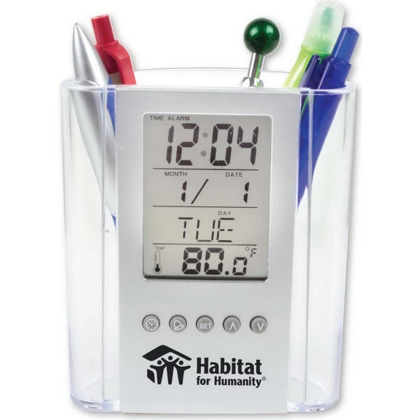 Clear pen cup with digital alarm clock and thermometer.... from ASI 48500 Dard Products / Tag Master®