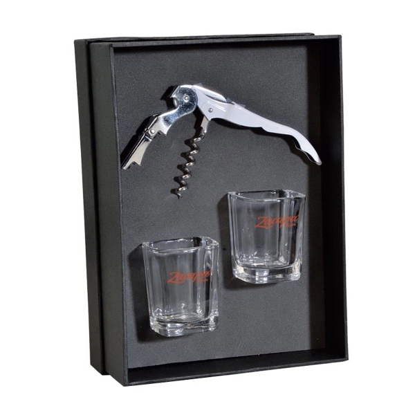Gift set featuring a double-hinged corkscrew and two square shot glasses.... from ASI 57655 STOPNGO Line