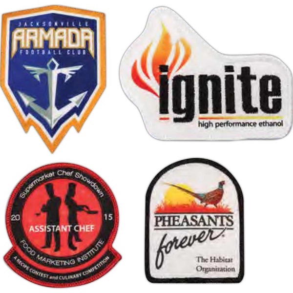 Embroidered Pin Pointe custom patches in assorted sizes with heat seal... from ASI 52263 EMT / EMT EMT EASY Emblem Marketing Team