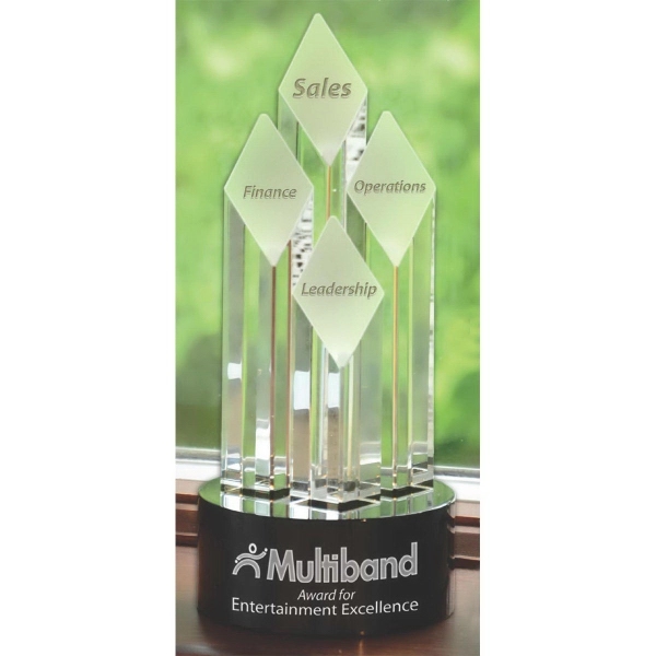 Tower award made of optical crystal featuring a base with four... from ASI 71920 Moderne Glass Company Inc / Glass America®