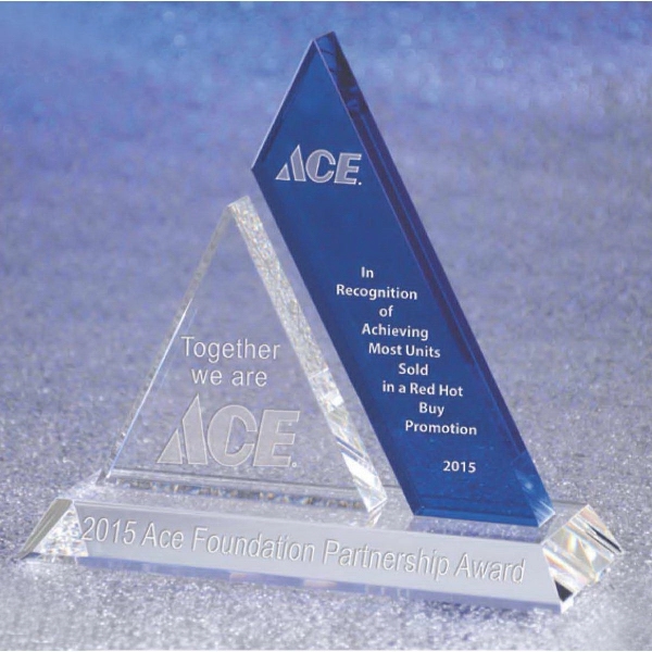 7" x 7.5" triangle shaped optical crystal award with a cobalt... from ASI 71920 Moderne Glass Company Inc / Glass America®