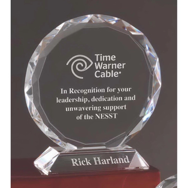 Award with a circular disc design that sits in a steady... from ASI 71920 Moderne Glass Company Inc / Glass America®