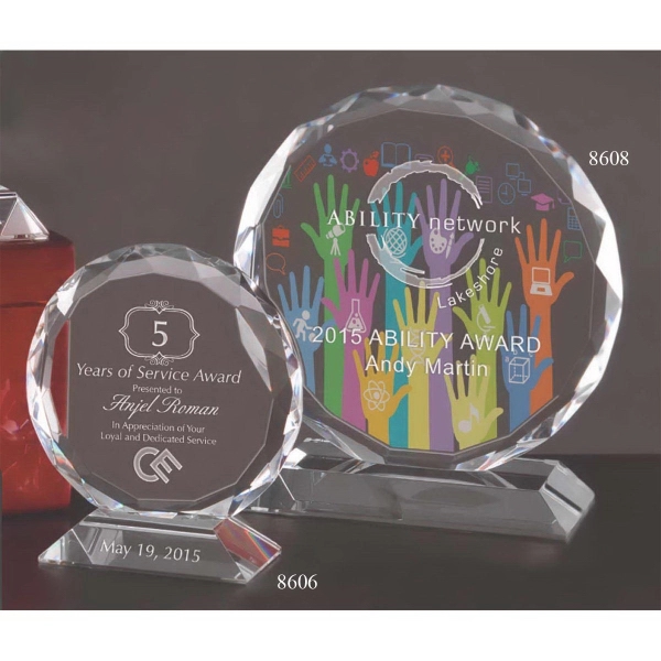 Award with a circular disc design that sits in a steady... from ASI 71920 Moderne Glass Company Inc / Glass America®