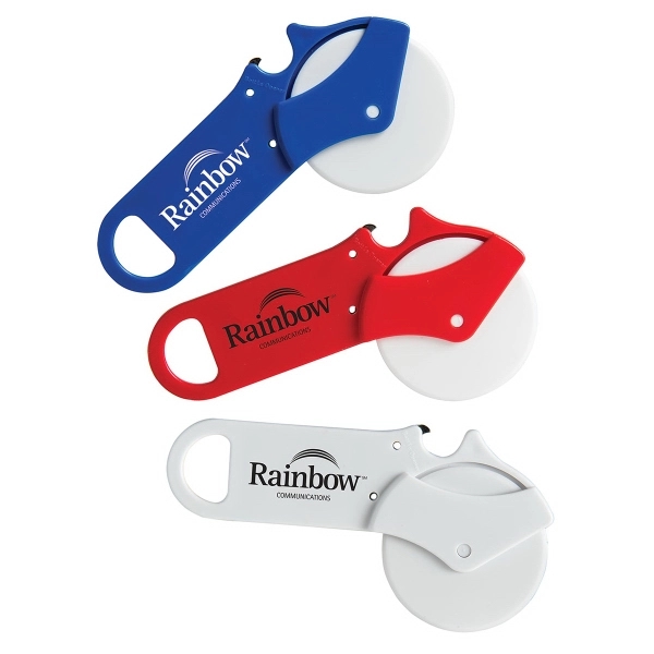 Plastic pizza cutter. Bottle opener integrated in handle. Magnet for convenient... from ASI 79840 The Proinnovative Line