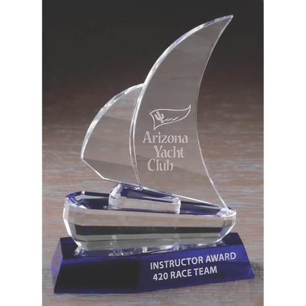 Award in the shape of a sailboat made of blue and... from ASI 71920 Moderne Glass Company Inc / Glass America®