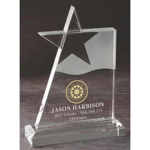 Optical crystal award with a clear base, slanted rise and star... from ASI 71920 Moderne Glass Company Inc / Glass America®