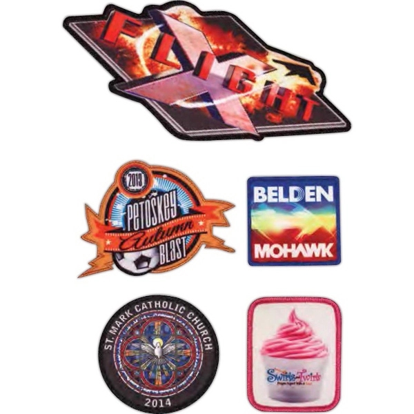 Satin polyester custom patches in assorted shapes and sizes with merrowed... from ASI 52263 EMT / EMT