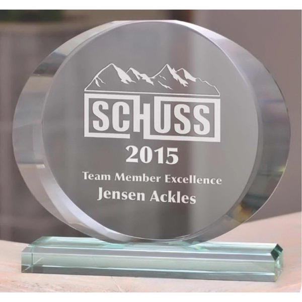 Jade glass award with an oval shape and double-beveled top that... from ASI 71920 Moderne Glass Company Inc / Glass America®