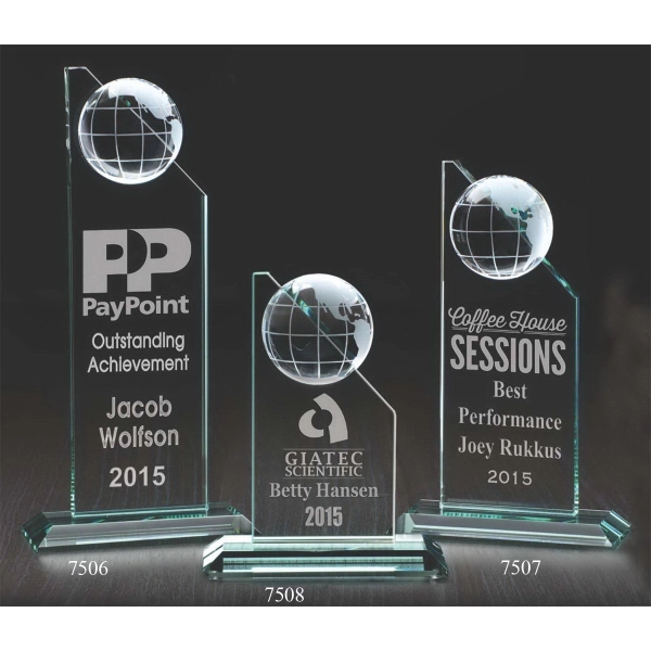 Angled tower award made of jade glass with a sliced globe... from ASI 71920 Moderne Glass Company Inc / Glass America®