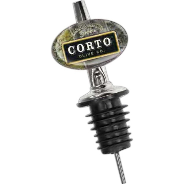 Chrome and rubber liquor bottle pourer with spout and full color... from ASI 52263 EMT / EMT