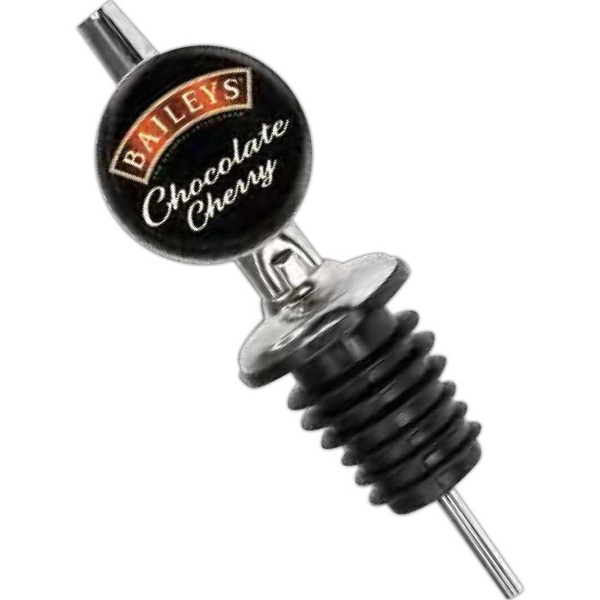 Chrome and rubber liquor bottle pourer with spout and full color... from ASI 52263 EMT / EMT