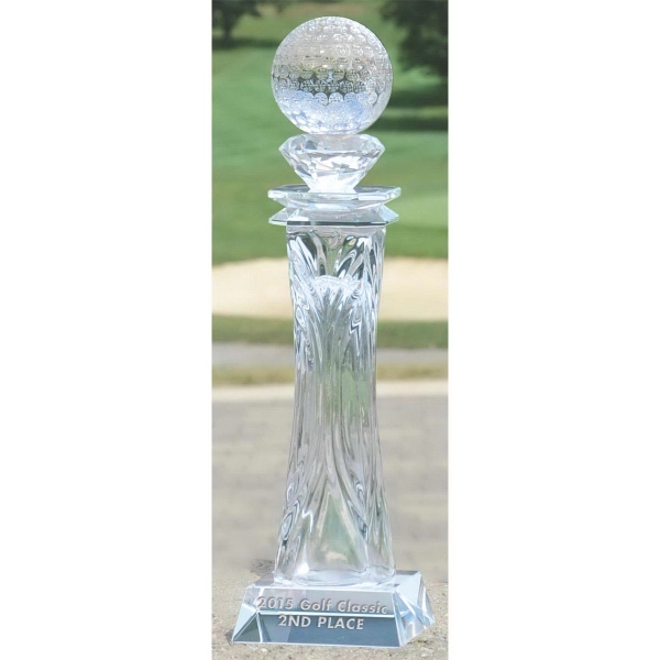 Tower award made of optical glass with a golf ball on... from ASI 71920 Moderne Glass Company Inc / Glass America®