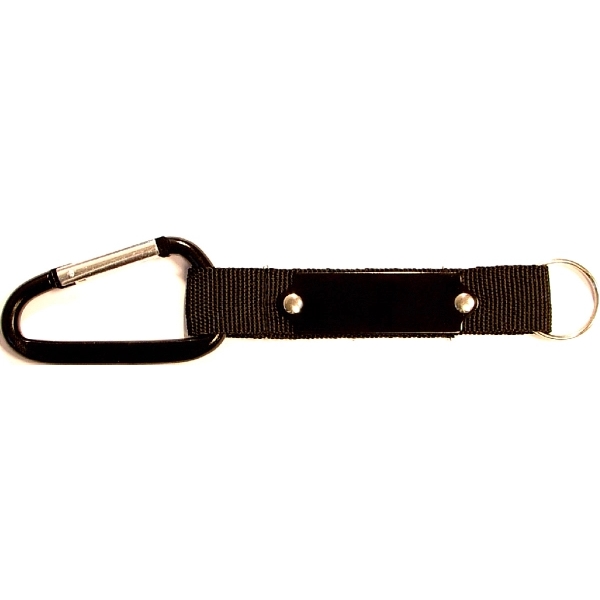 Carabiner with strap and metal plate, solid aluminum construction.... from ASI 74585 Nu Promo International / Nu Promo Line