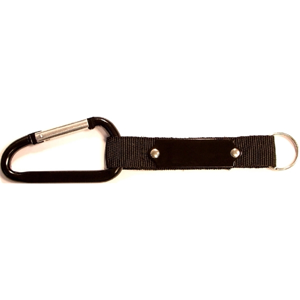 Carabiner with strap and metal plate, solid aluminum construction.... from ASI 74585 Nu Promo International / Nu Promo Line