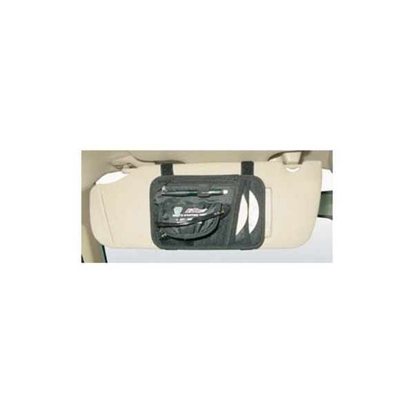 Auto-visor-mount CD holder holds 2 CD's, sunglasses, pockets and pens.... from ASI 37586 Auto-Sun-shade/Intertek