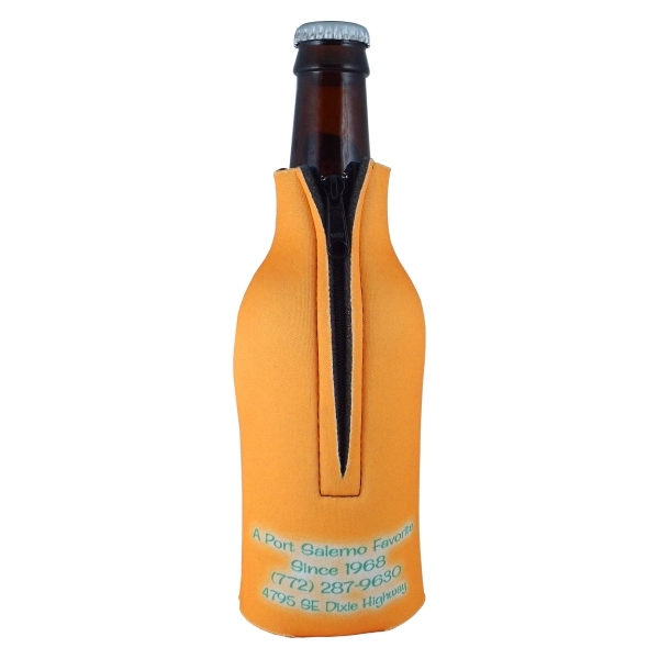 Insulated zippered bottle cooler with full-color sublimation, ideal for custom branding... from ASI 67075 Leprechaun Promotions, LLC