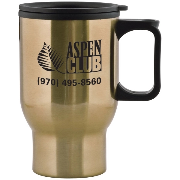 15 ounce stainless steel insulated mug with plastic liner, thumb-slide lid... from ASI 57653 Gold Bond