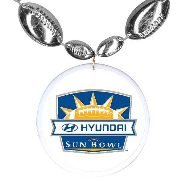 38" strand of football-shaped beads and 2.5" white round disk with... from ASI 62677 iline PROMO (The Innovative Line) / iline PROMO (The Innovative Line)