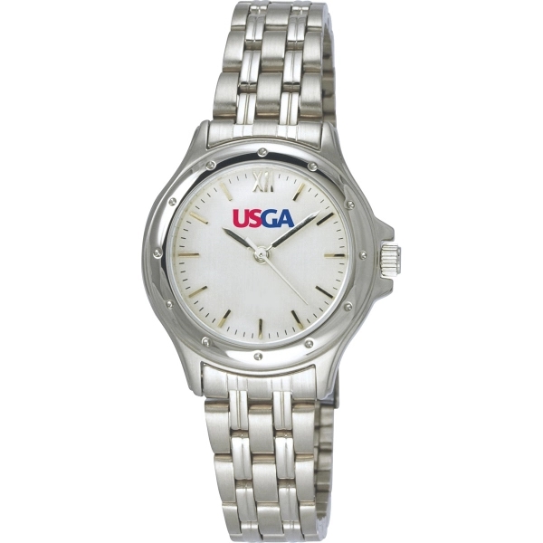 Ladies' silver stainless steel watch with three different dial color options... from ASI 86230 Selco