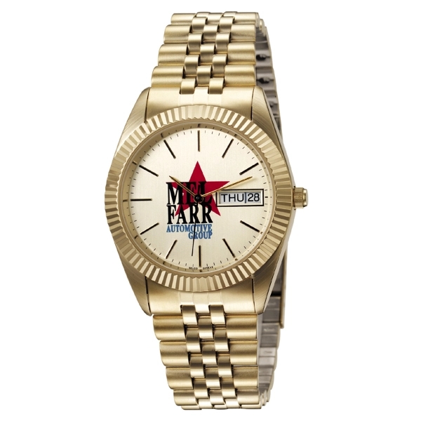 Gold tone watch with a stainless steel case, matching bracelet, Japanese... from ASI 86230 Selco