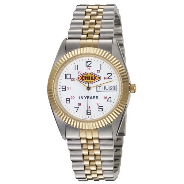 Two-tone watch with a stainless steel case, matching solid bracelet, railroad... from ASI 86230 Selco
