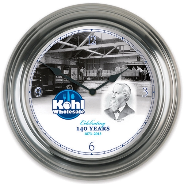 Metal bright silver wall clock measuring 13.375" diameter with a clear... from ASI 66390 LarLu / Display-Tec