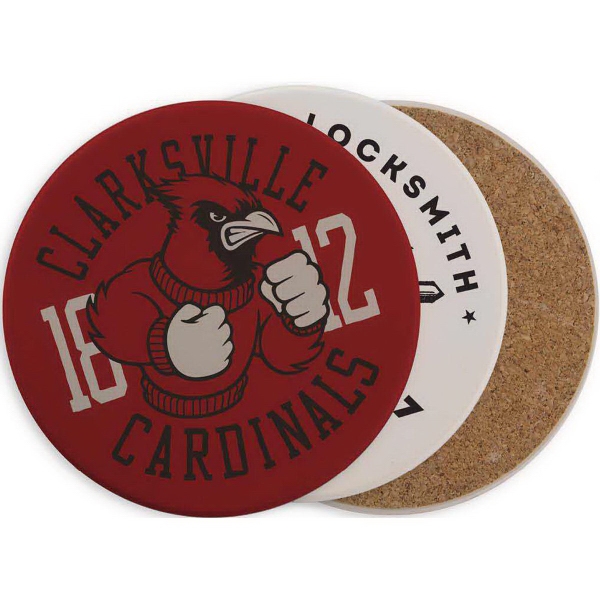 3 7/8" round aquaguard ceramic coaster with corked backing.... from ASI 95838 ZZ Merged - Mixie Promotions