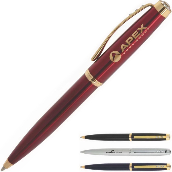 Twist action pen with clip, and gem on top of its... from ASI 46755 Cosmo Promos / Cosmo Fiber