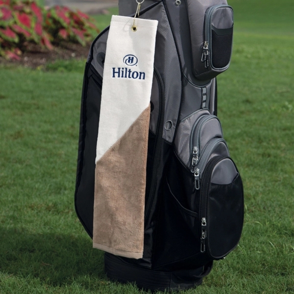 Two-tone golf towel measuring 16" x 25" and made of cotton... from ASI 79750 Pro Towels