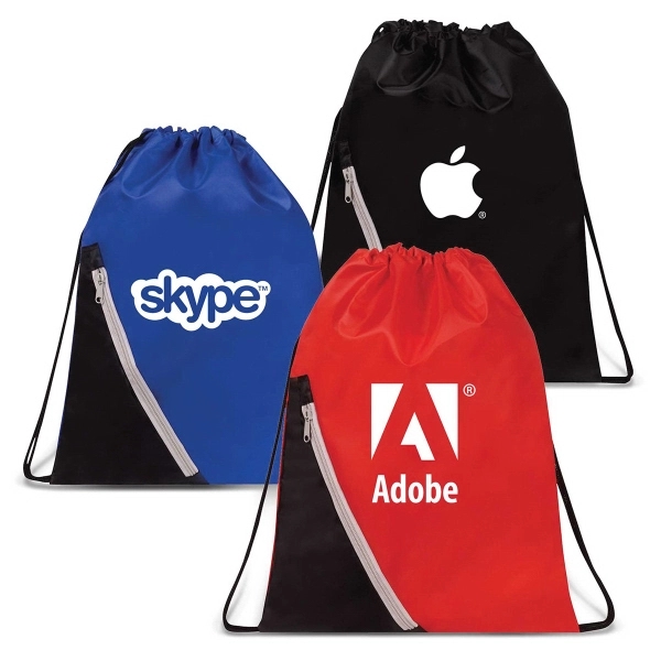 Drawstring backpack features a constrast diagonal zipper pocket. Constructed with 210D... from ASI 30112 ACE Products / Ace Line