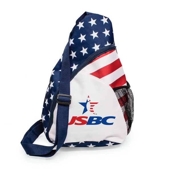 600D polyester sling backpack. Large zipper compartment, adjustable strap, and exterior... from ASI 30112 ACE Products / Ace Line