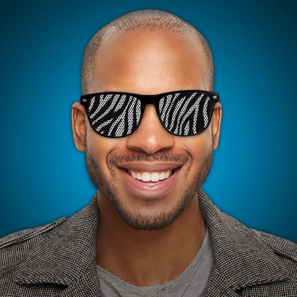 Retro zebra print novelty plastic sunglasses with black and white striped... from ASI 42016 Brighter Promotions Inc