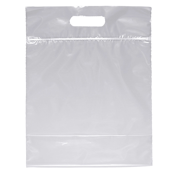 Low-density plastic bags with reinforced die cut handles and zip closure.... from ASI 37940 Bag Makers Inc