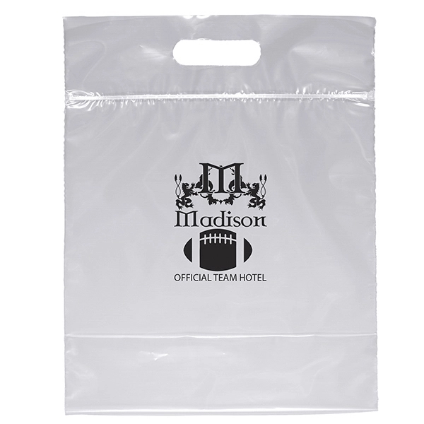 Low-density plastic bags with reinforced die cut handles and zip closure.... from ASI 37940 Bag Makers Inc