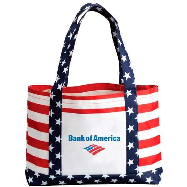 Large carry tote with stars and stripes pattern print. Constructed with... from ASI 30112 ACE Products / Ace Line