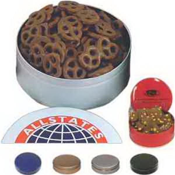 Tin filled with chocolate covered pretzels.... from ASI 44900 NC Custom (CI/Lanco) / A La Carte Line
