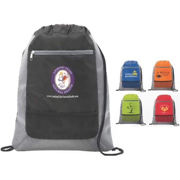 210 denier nylon cinch pack with front zipper pocket for easy... from ASI 46755 Cosmo Promos