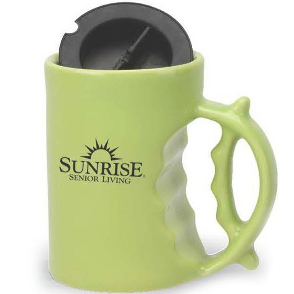 Ceramic 12 oz. travel mug with 4 finger grip and lid.... from ASI 40261 Berney-Karp Inc / Creative Source