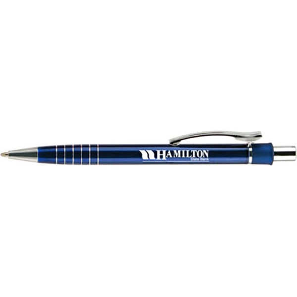 Retractable metal ballpoint pen with a contoured metal clip decorated with... from ASI 90075 ZZ DROPPED - Sunscope / Sunscope®
