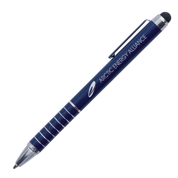 Aluminum twist action pen and stylus with silver trim.... from ASI 42920 Busrel Inc