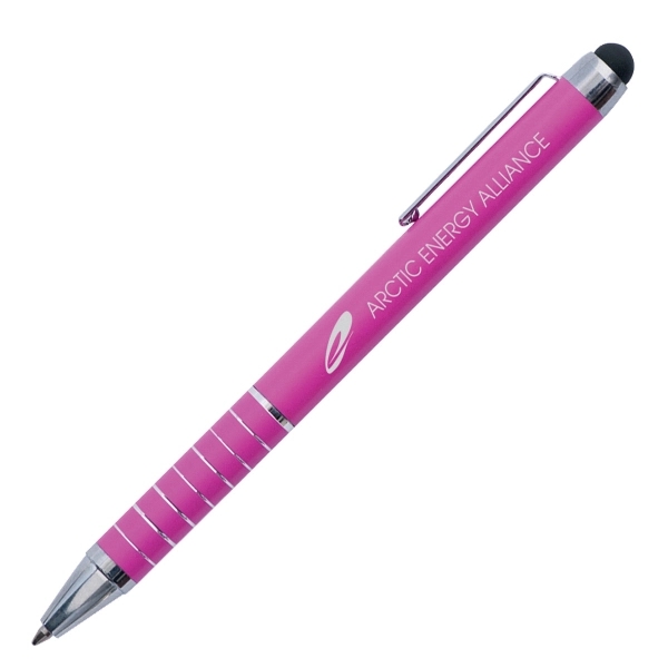Aluminum twist action pen and stylus with silver trim.... from ASI 42920 Busrel Inc