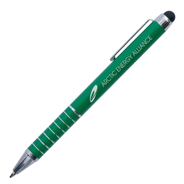 Aluminum twist action pen and stylus with silver trim.... from ASI 42920 Busrel Inc